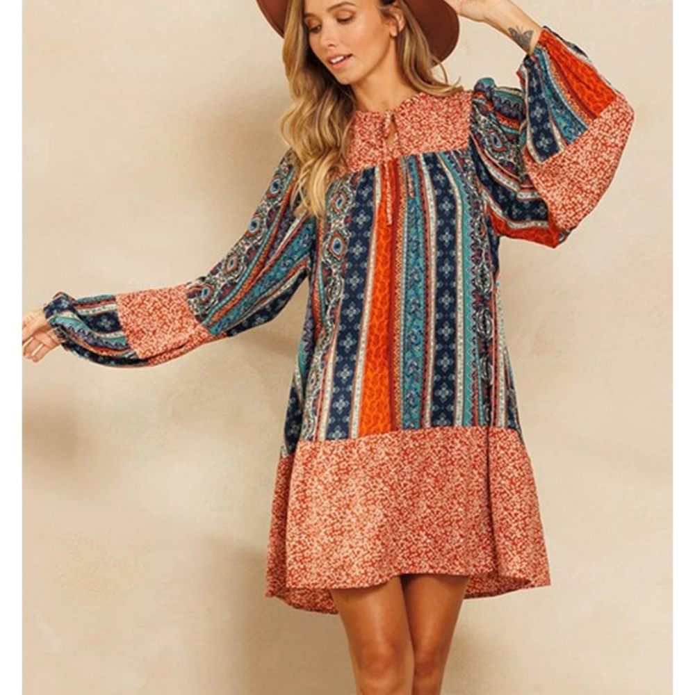 Orange blue boho multi print patchwork long balloon sleeve self tie tunic dress
